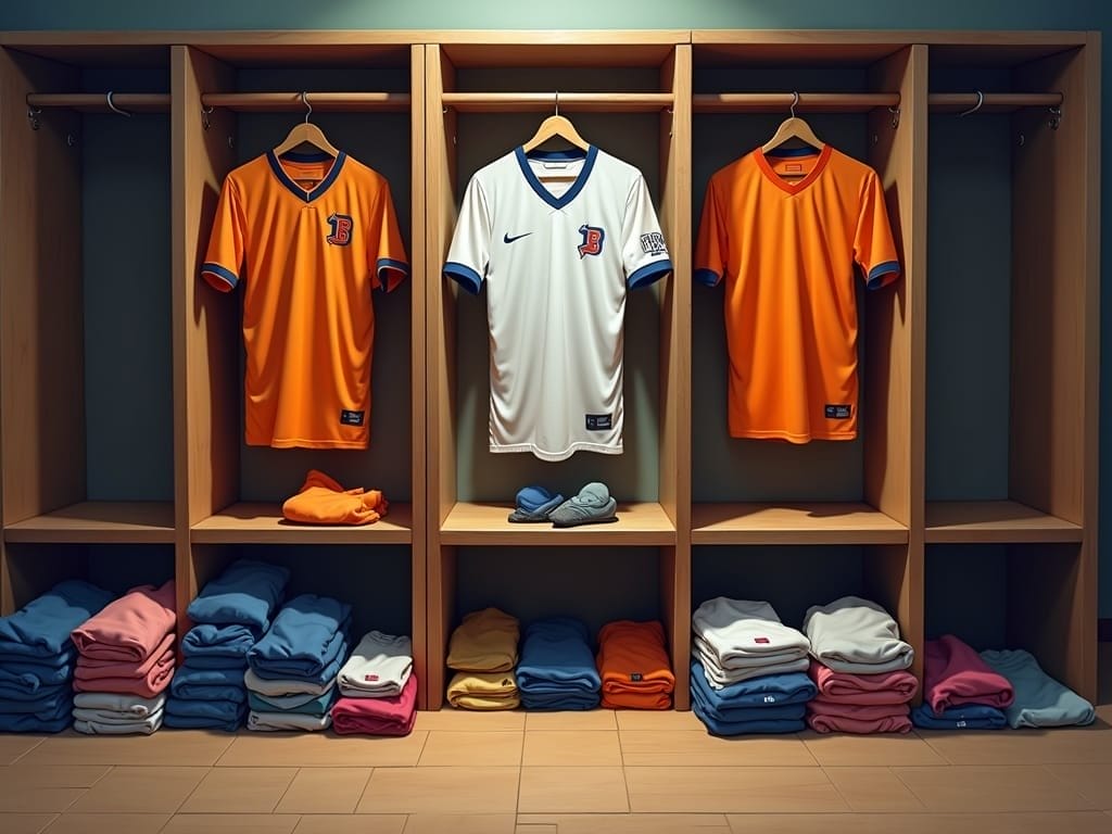 Three jerseys hang in wooden lockers: two orange with blue trim on either side and a white one with blue trim in the center. Each jersey has a “J” logo—a subtle reminder that salary cap management matters as much as talent on the shelves below.