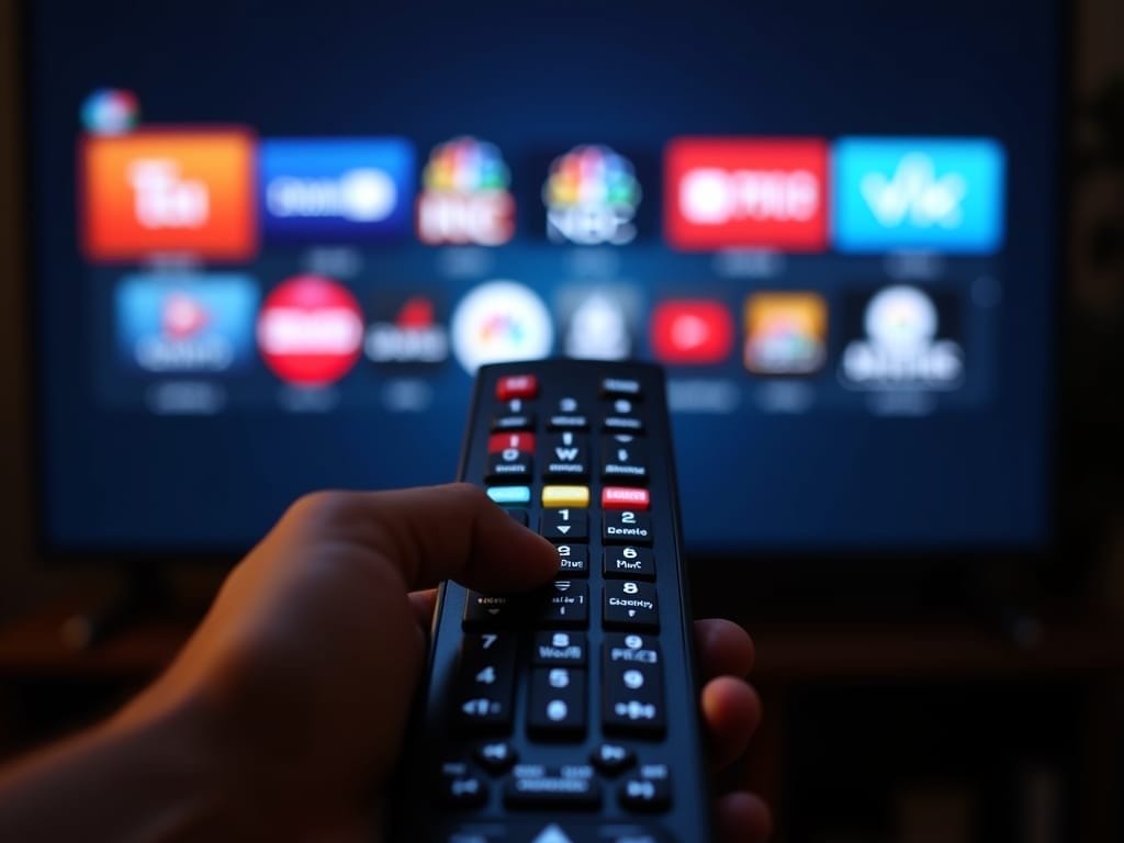 A hand holds a TV remote pointed at a blurred screen displaying streaming app icons like YouTube, Netflix, and Prime Video—capturing how modern sports media and hot take culture sports shape our viewing choices in this dimly lit scene.