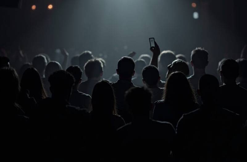 A crowd of people stands in a dimly lit venue facing a bright spotlight. Most faces are in shadow while one person holds up a phone, adding to the electric energy typical of live sports entertainment or concerts.