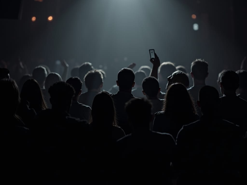 A crowd of people stands in a dimly lit venue facing a bright spotlight. Most faces are in shadow while one person holds up a phone, adding to the electric energy typical of live sports entertainment or concerts.