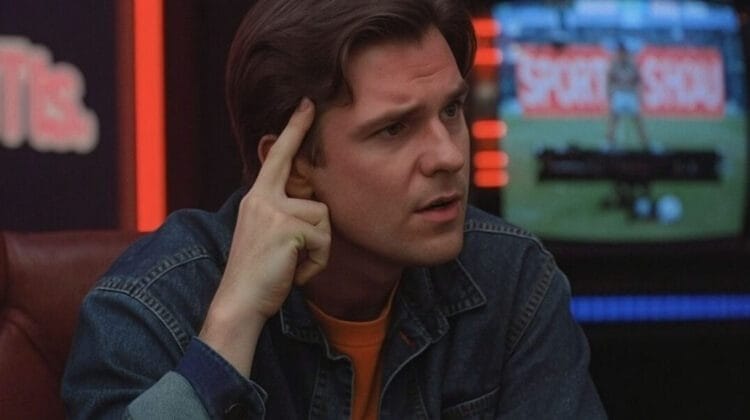 A young man with brown hair, wearing a denim jacket, sits indoors with his index finger pressed to his temple, looking thoughtful. Behind him, a blurred TV screen shows a sports broadcast featuring traditional sports commentary.