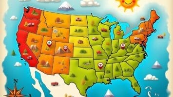 A colorful cartoon map of the U.S. shows states in green, orange, and red with icons of trees, tents, RVs, and mountains for camping and travel. A smiling sun and compass rose decorate the blue background—fun accents for dreaming of MLB expansion cities.