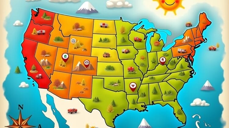 A colorful cartoon map of the U.S. shows states in green, orange, and red with icons of trees, tents, RVs, and mountains for camping and travel. A smiling sun and compass rose decorate the blue background—fun accents for dreaming of MLB expansion cities.
