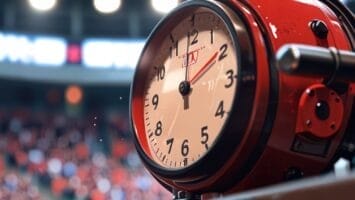 A close-up of a red analog clock showing 11:55, mounted on a ledge at a sports stadium. The blurred background reveals crowds under bright stadium lights, capturing the energetic atmosphere as fans discuss recent MLB rule changes like the pitch clock.