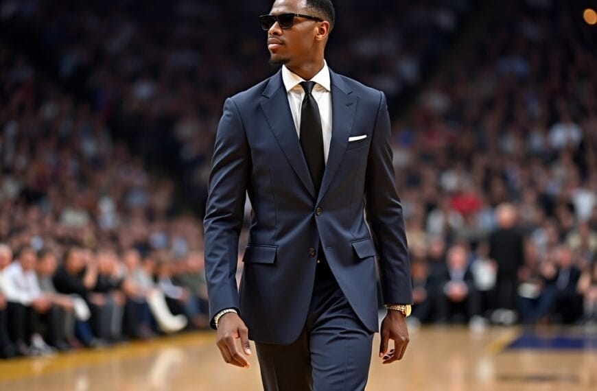 A man in a sharp navy blue suit, white shirt, black tie, and sunglasses walks confidently courtside at a 90s NBA basketball game. The arena is packed with spectators, and his stylish attire stands out against the cheering crowd in the background.