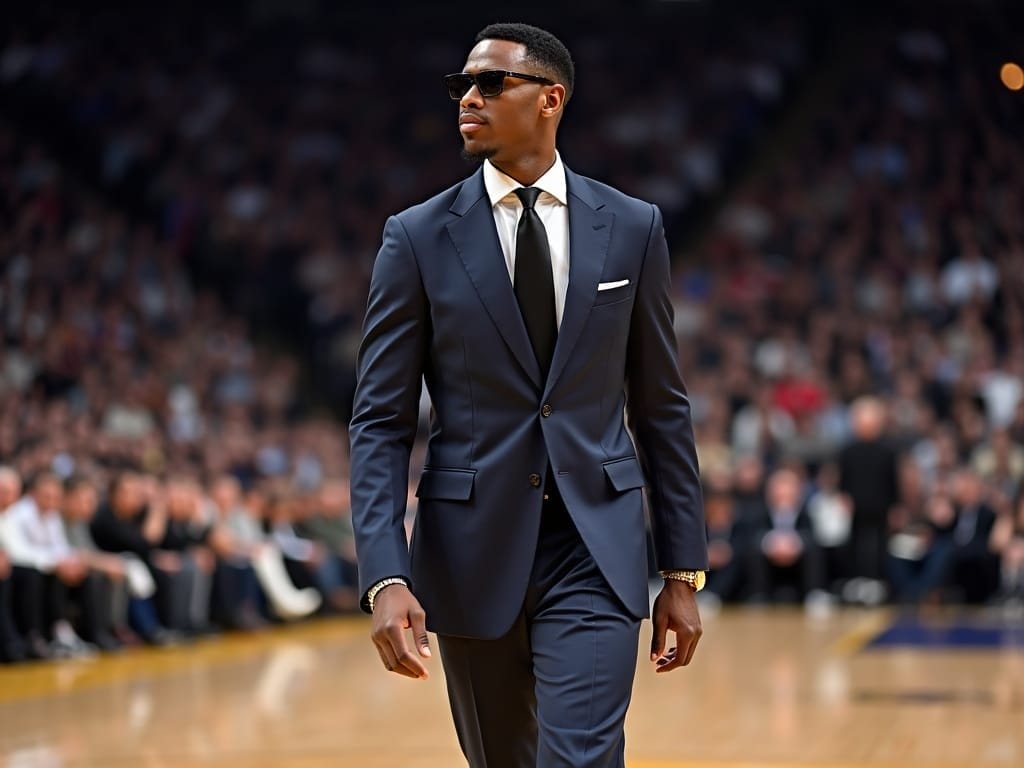 A man in a sharp navy blue suit, white shirt, black tie, and sunglasses walks confidently courtside at a 90s NBA basketball game. The arena is packed with spectators, and his stylish attire stands out against the cheering crowd in the background.