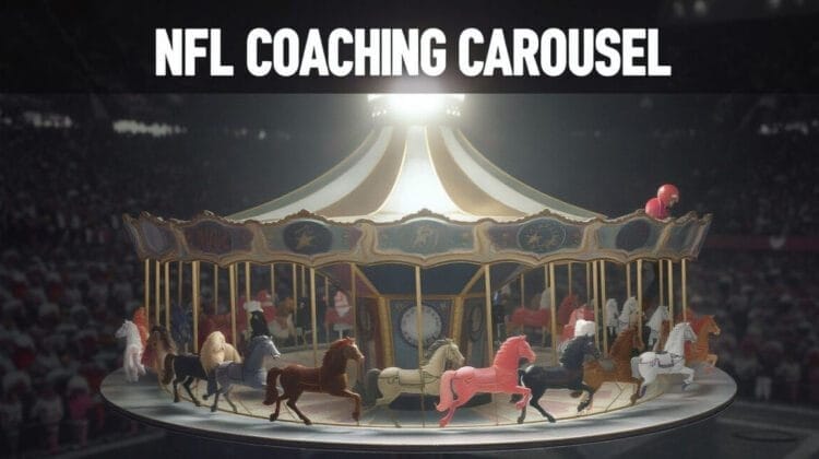 A brightly lit carousel with various colored horses sits in the center of a crowded stadium. Above, bold white text reads "NFL COACHING CAROUSEL," hinting at NFL Coach changes and the frequent nfl coaching failures in the league.