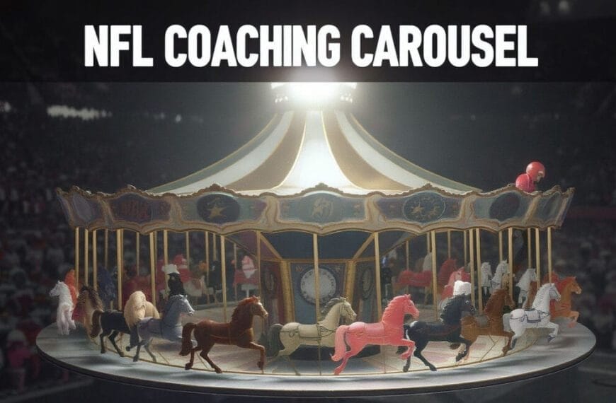 A brightly lit carousel with various colored horses sits in the center of a crowded stadium. Above, bold white text reads "NFL COACHING CAROUSEL," hinting at NFL Coach changes and the frequent nfl coaching failures in the league.