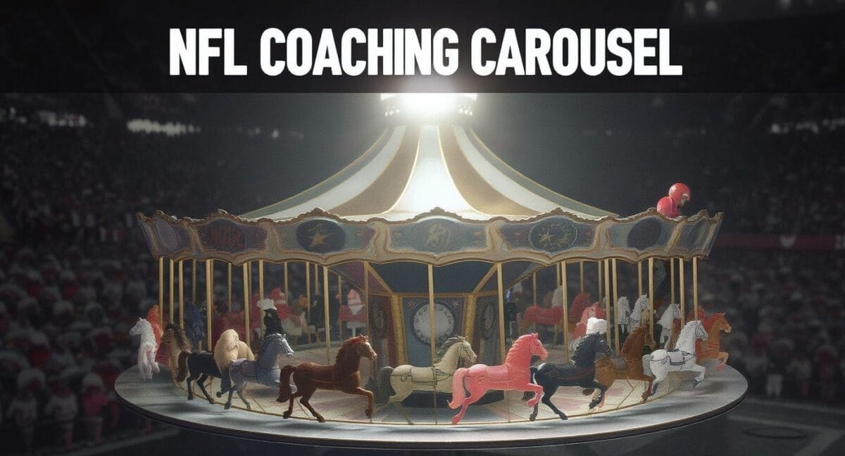 A brightly lit carousel with various colored horses sits in the center of a crowded stadium. Above, bold white text reads "NFL COACHING CAROUSEL," hinting at NFL Coach changes and the frequent nfl coaching failures in the league.