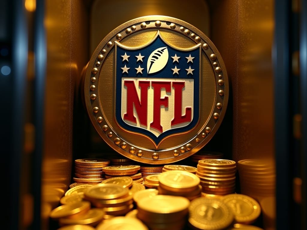 The NFL logo is displayed prominently in gold, surrounded by stacks of shiny coins, hinting at the wealth and financial success tied to the NFL salary cap. The image is well-lit, emphasizing the richness and opulence.