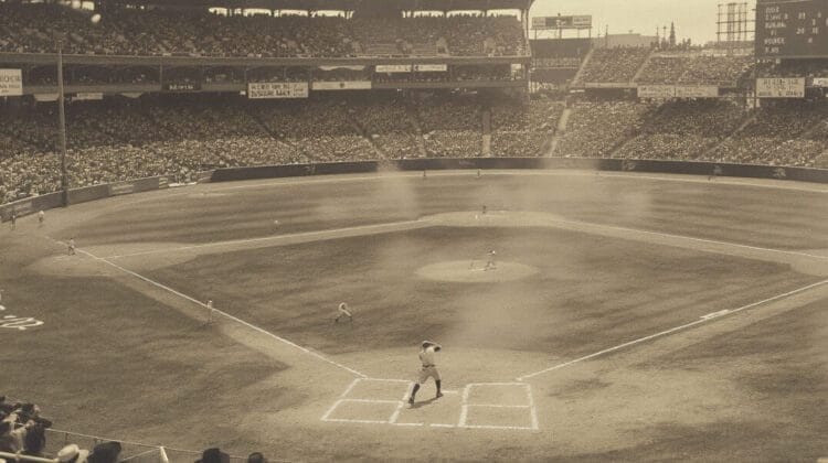 Sepia-toned photo of a crowded baseball stadium during a game. The scene, reminiscent of Strategies in the Dead Ball Era: Winning Tactics of the Past, evokes a vintage, historic feel with players poised and fans filling the stands.