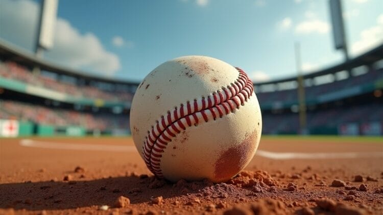 A close-up of a dusty baseball resting on reddish-brown dirt in a stadium, evoking the gritty games played by famous players of the Dead Ball Era. The stitches and dirt smudges on the ball are clearly visible against blurred stands and bright sky.