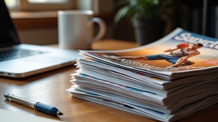 A stack of magazines sits on a wooden desk with a pen, notebook, open laptop showing advanced stats, and a mug nearby. There’s a green potted plant in the background as sunlight streams through the window, creating a cozy, productive workspace.