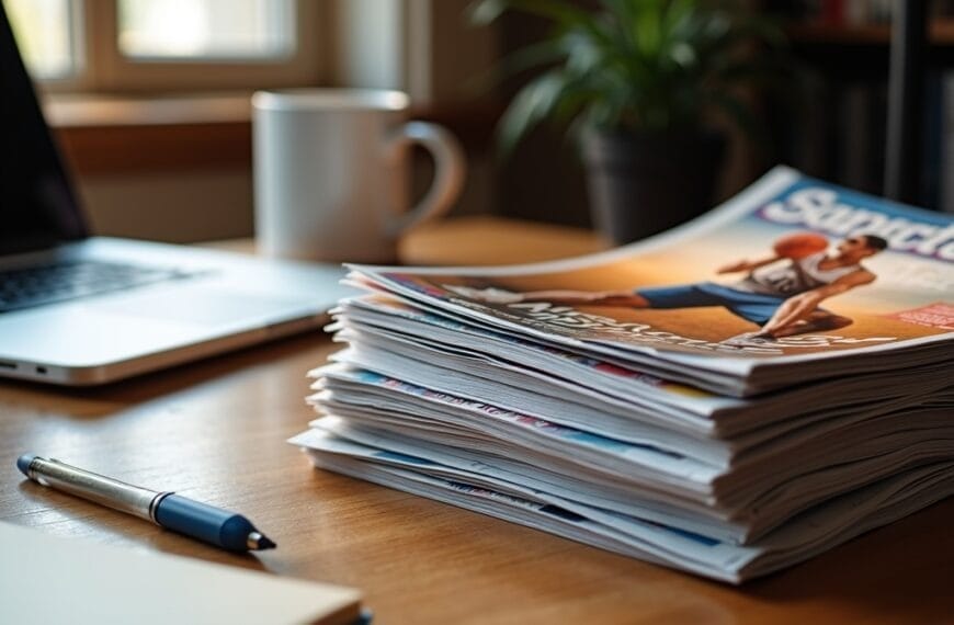 A stack of magazines sits on a wooden desk with a pen, notebook, open laptop showing advanced stats, and a mug nearby. There’s a green potted plant in the background as sunlight streams through the window, creating a cozy, productive workspace.