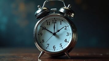 A classic silver analog alarm clock with two bells on top sits on a wooden surface. Like some of the biggest draft busts, it stands out in sharp focus, while the background remains blurred and dark, emphasizing its shiny reflection.