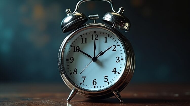 A classic silver analog alarm clock with two bells on top sits on a wooden surface. Like some of the biggest draft busts, it stands out in sharp focus, while the background remains blurred and dark, emphasizing its shiny reflection.