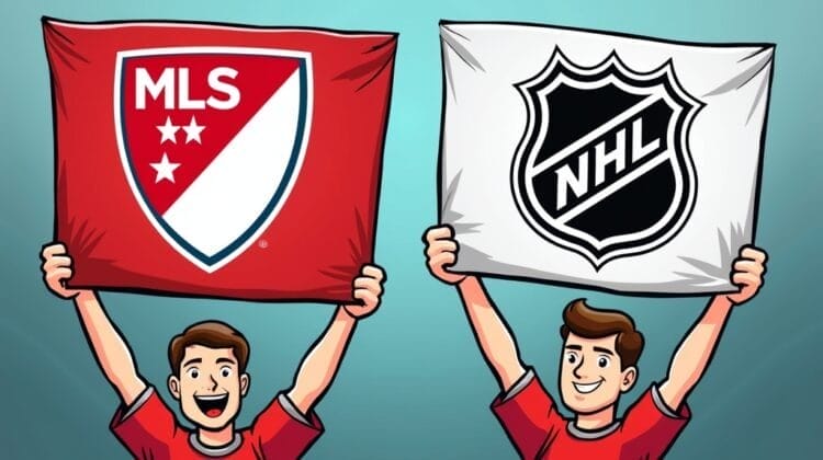 Two cartoon boys in red shirts smile and hold up banners, highlighting the mls vs nhl viewership rivalry. The left banner is red with the white MLS logo; the right is white with the black NHL logo against a blue gradient background.