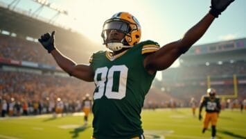 A football player in a green and yellow uniform with number 80 celebrates with arms raised on a sunny stadium field, capturing the excitement and energy of past NFL eras before the strict NFL taunting rule changed on-field celebrations.