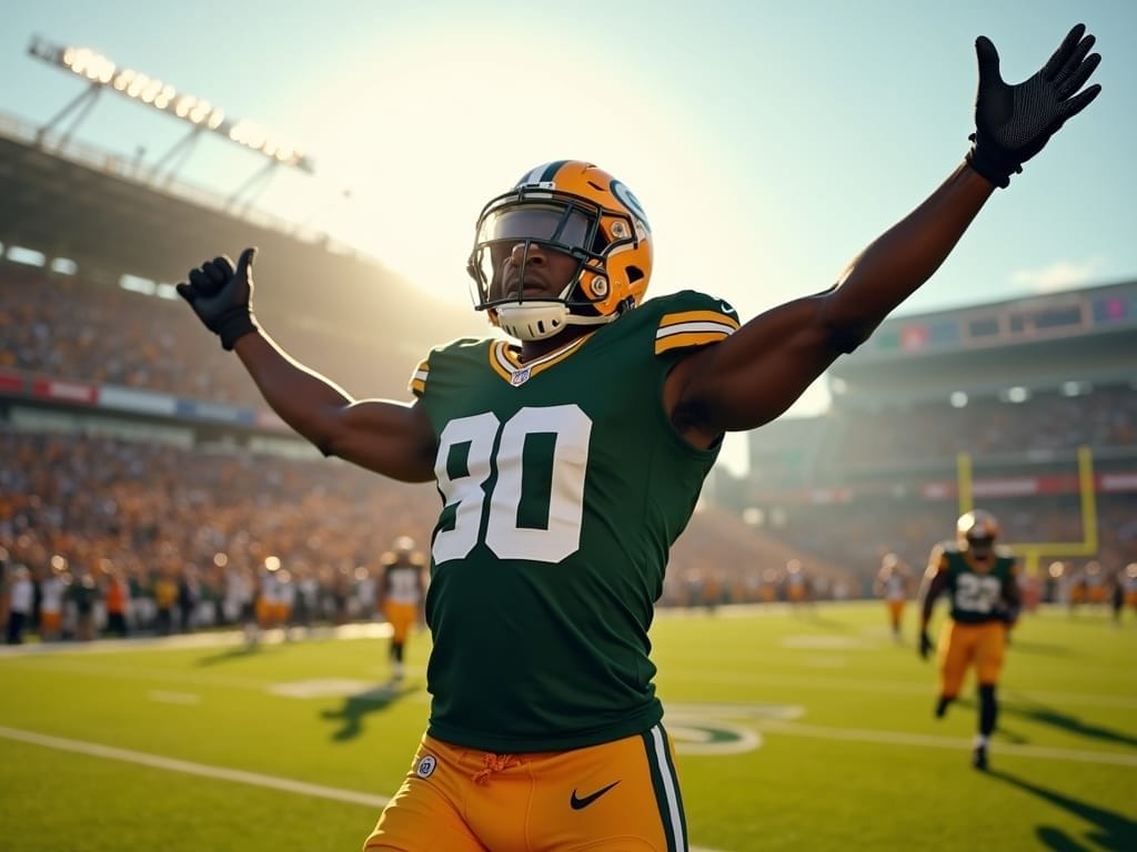 A football player in a green and yellow uniform with number 80 celebrates with arms raised on a sunny stadium field, capturing the excitement and energy of past NFL eras before the strict NFL taunting rule changed on-field celebrations.