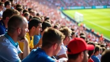Crowd of fans in colorful shirts sit closely packed in a stadium, intently watching a soccer match. The sunlit field and stands full of spectators create a lively atmosphere charged with hot take culture sports energy.