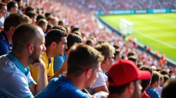 Crowd of fans in colorful shirts sit closely packed in a stadium, intently watching a soccer match. The sunlit field and stands full of spectators create a lively atmosphere charged with hot take culture sports energy.