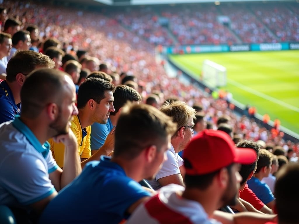 Crowd of fans in colorful shirts sit closely packed in a stadium, intently watching a soccer match. The sunlit field and stands full of spectators create a lively atmosphere charged with hot take culture sports energy.