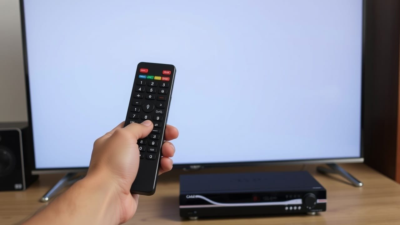 A hand holding a black remote control points at a flat-screen TV with a blank white screen. On the wooden table below the TV is a digital cable or satellite receiver. Another electronic device, possibly a speaker, is partially visible on the left.