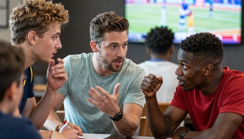 Two men passionately debating a sports topic.