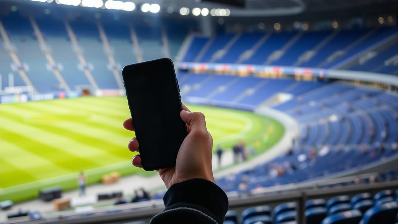 A hand holds a smartphone with a black screen in the foreground of a large, mostly empty stadium. Blue seats surround a bright green soccer field, as stadium lights illuminate the arena—highlighting the link between social media and sports engagement.