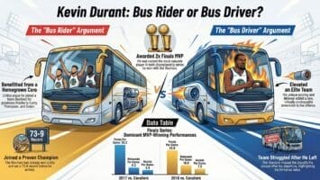 Illustration compares “kevin durant bus rider” joining the strong Warriors with him as “Bus Driver” leading a team solo. Summary text, awards, and stats highlight both sides of the debate using visuals and data.