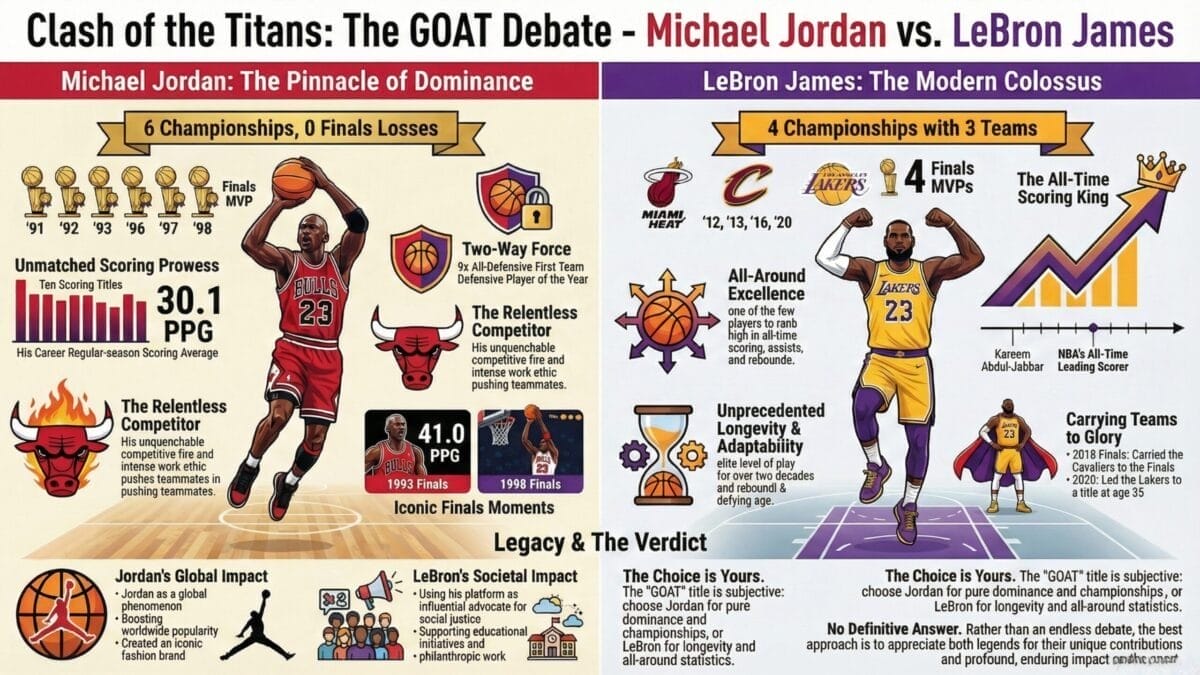 Infographic comparing lebron vs jordan: Jordan (Bulls) with 6 titles, LeBron (Cavs, Heat, Lakers) with 4. Includes stats, accolades, player images, career highlights, charts, and text on each player's strengths and legacy.