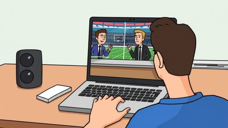 A person watches a split-screen of two sports commentators on a laptop.