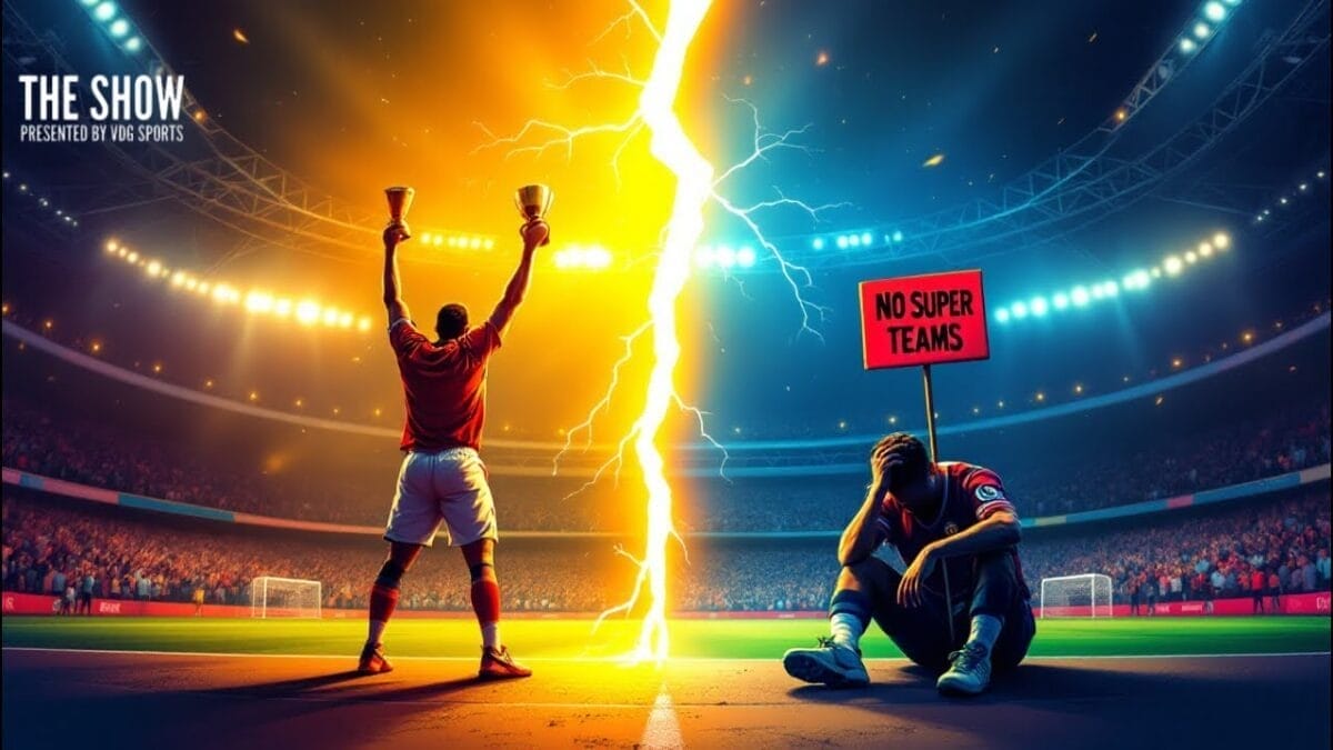 In a stadium split by lightning, a triumphant soccer player raises two trophies on the left, while a dejected player on the right sits holding a “No Super Teams” sign—dramatic lighting highlights victory and defeat, debunking myths about Super Teams.