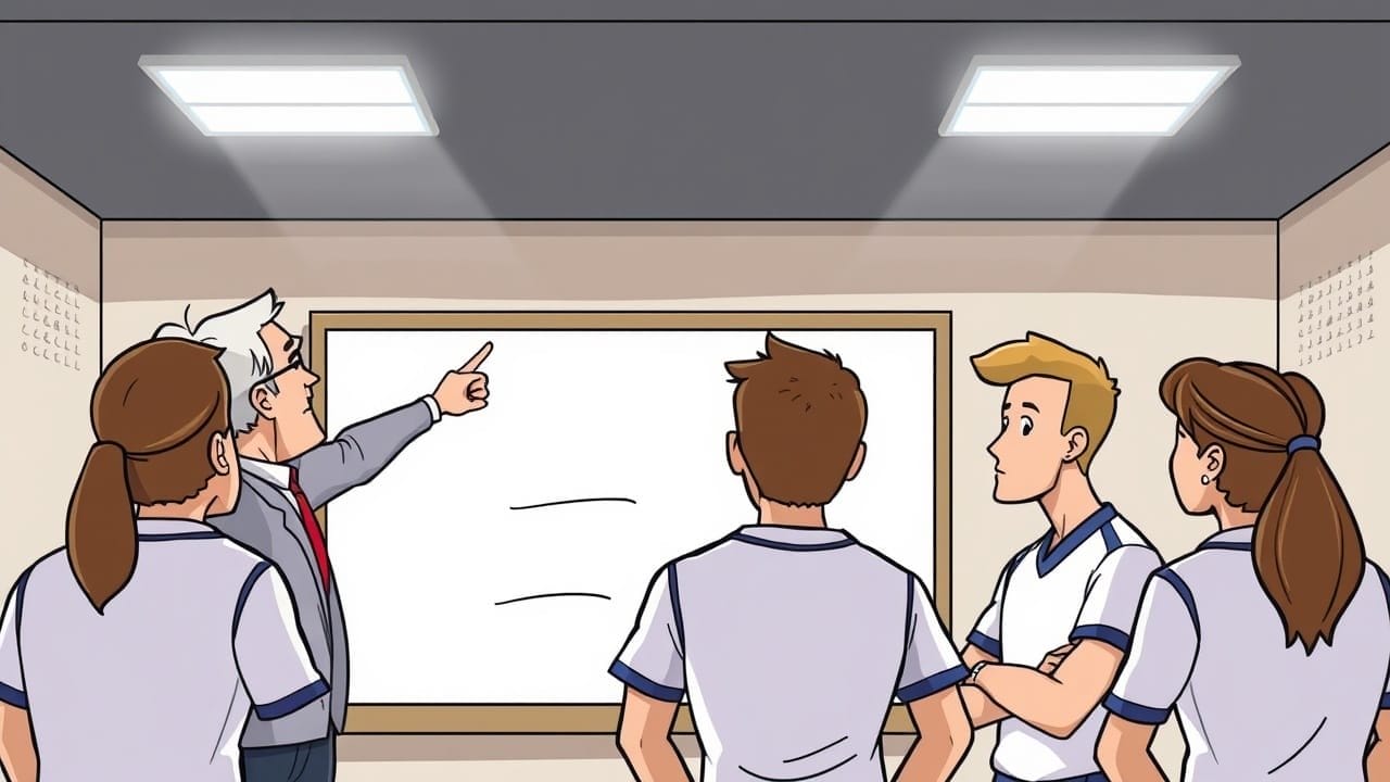 A teacher with gray hair and glasses points at a blank whiteboard while four students in white uniforms with blue trim stand facing him, paying attention. The scene is set in a well-lit classroom with two overhead lights.