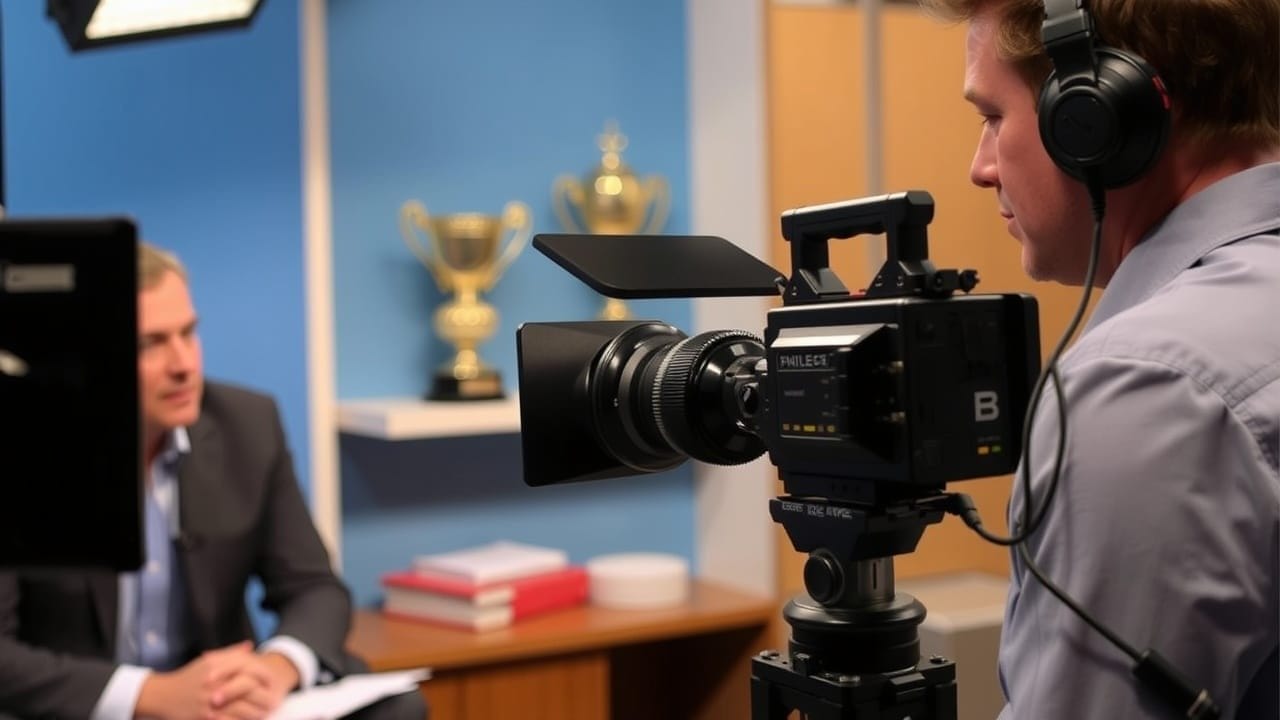 A cameraman wearing headphones films a man in a suit during a sports commentary analysis interview in a studio. Two trophies and several books are visible on shelves in the background, with blue and beige walls brightly lit.