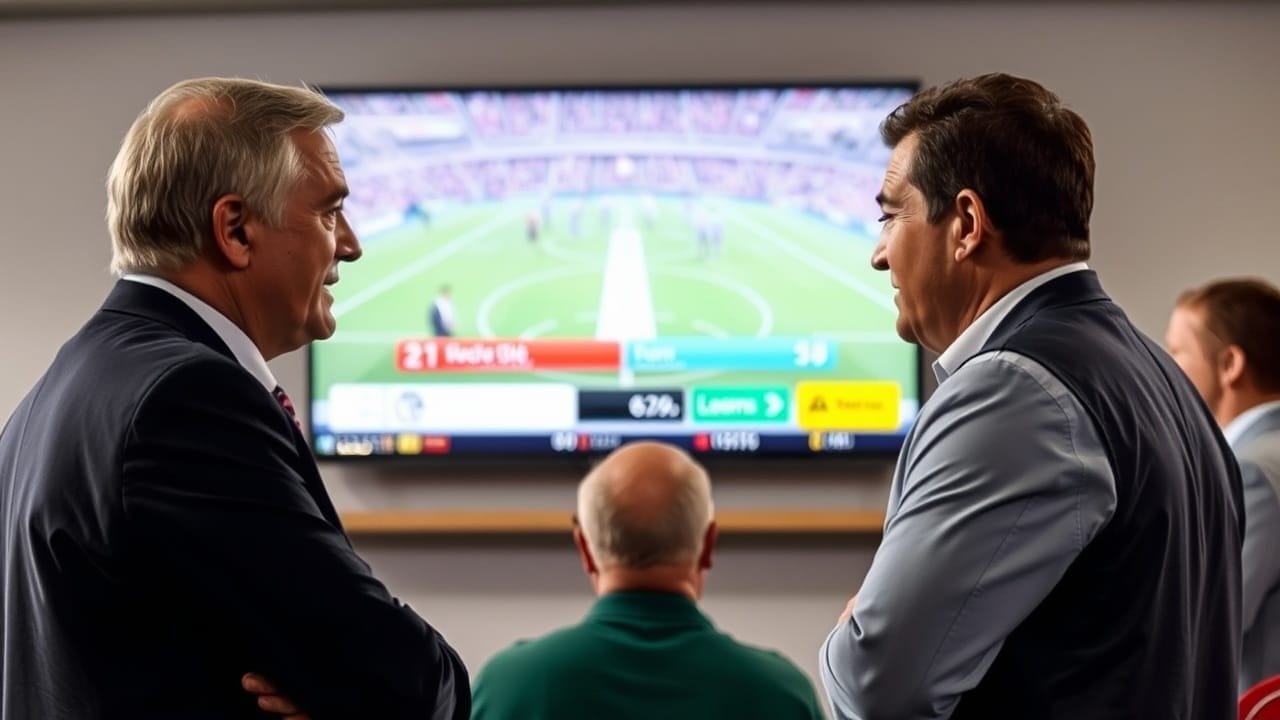 Two men in suits discuss why teams keep losing as they watch a sports game on a large TV screen, with another person seated between them. The scoreboard displays team scores in what looks like an office or meeting room setting.