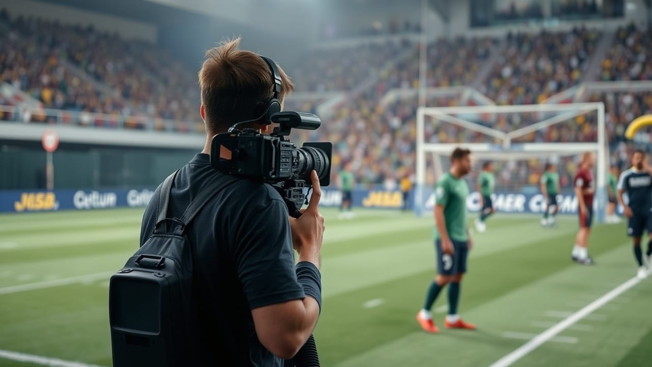 A camera operator films a soccer match from the sidelines, focusing on players in motion. The lively crowd and energetic field capture dynamic action—highlighting how sports media can shape perceptions beyond common stereotypes in sports.
