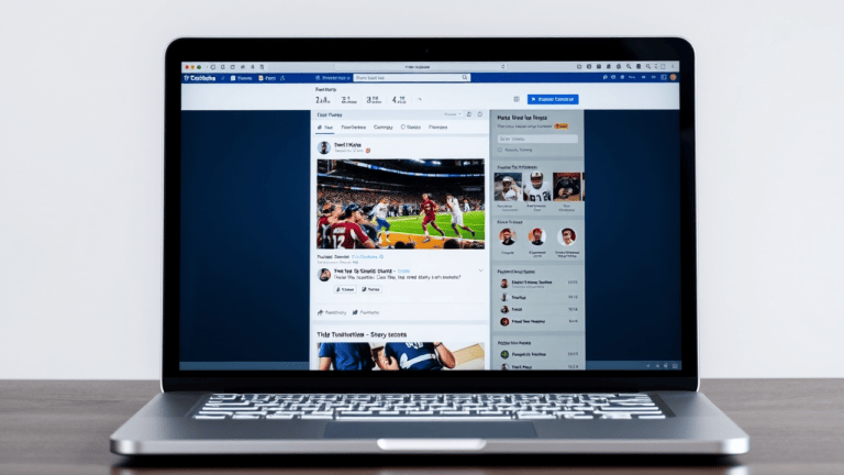 A laptop displaying a Facebook profile page with a sports-related post highlights how social media shapes the conversation around a football game, showing menu icons at the top, user info and friends list on the right, and trending topics below.