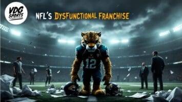 A fierce jaguar mascot in a football jersey stands on a stadium field, surrounded by scattered papers and helmet, under dramatic lighting. The text reads "NFL’s Dysfunctional Franchise" with a "VDG Sports" logo in the top left. People stand warily in the background.
