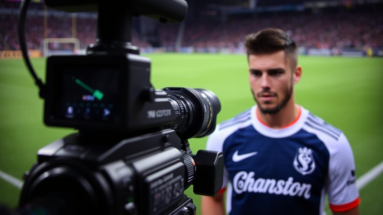 A professional video camera in focus films a male soccer player in a navy and white jersey with "Chanston" text, standing on a stadium field with blurred spectators in the background. The player's face is slightly out of focus.