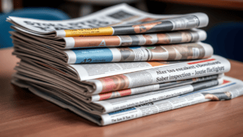 A stack of assorted newspapers lies on a wooden table. Folded and layered, they show headlines, columns, and partial images—highlighting the dynamic world of sports media in a well-lit indoor setting.