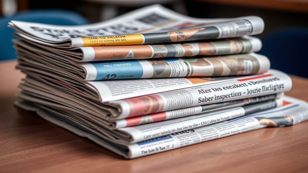 A stack of assorted newspapers lies on a wooden table. Folded and layered, they show headlines, columns, and partial images—highlighting the dynamic world of sports media in a well-lit indoor setting.
