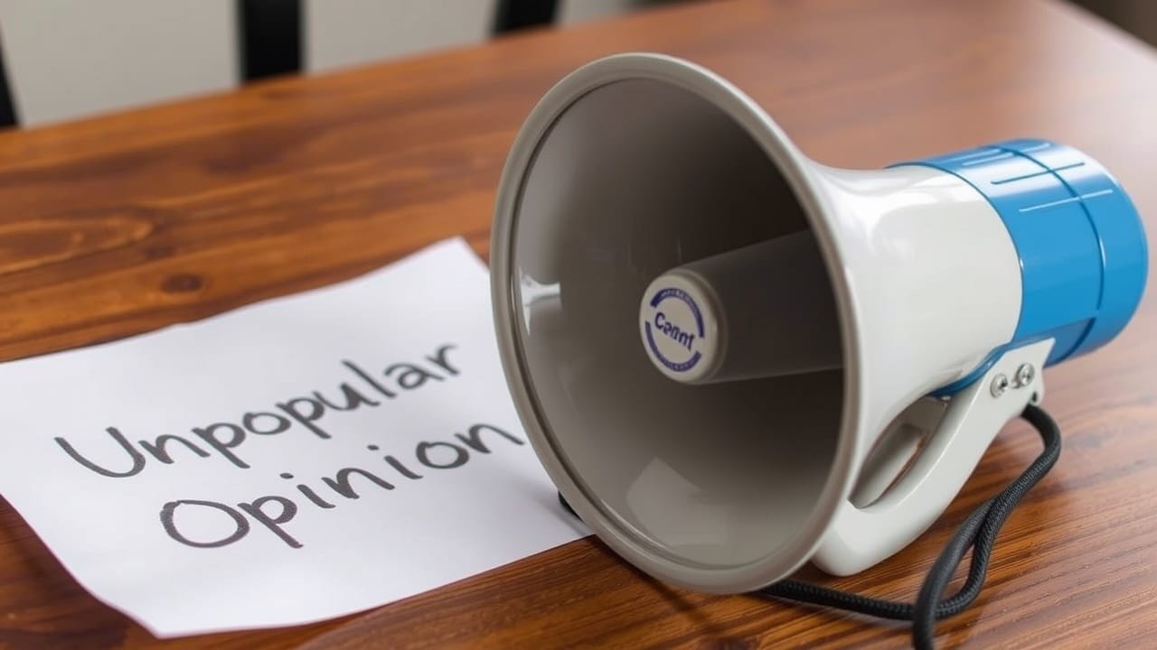 A megaphone rests on a wooden table next to a sheet of paper with the handwritten words “Unpopular Opinion,” evoking the act of amplifying a controversial take that might be blocked or challenged in the sports world.