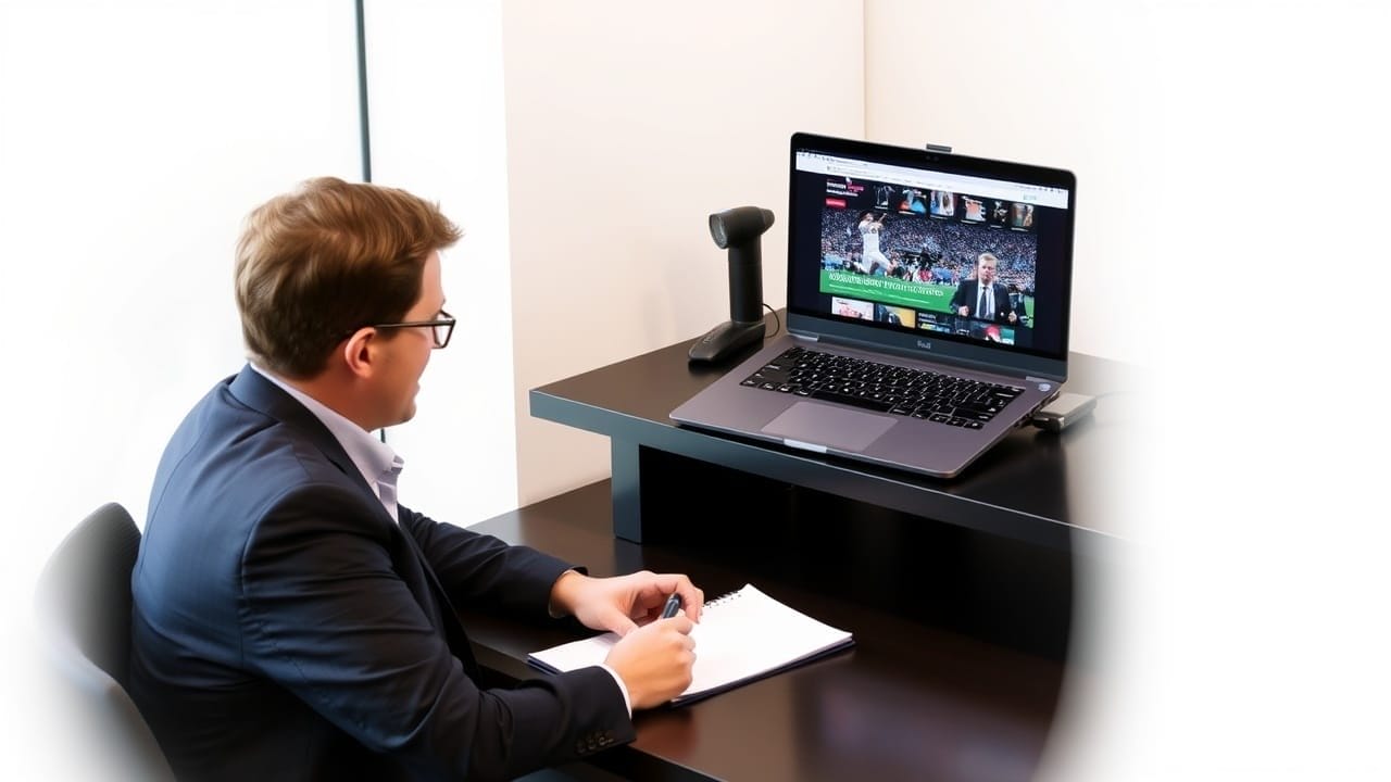A man in a suit sits at a desk, holding a pen and notebook, watching a sports event on a laptop. The screen shows a soccer game, commentators, and news headlines. There is a barcode scanner on the desk beside the laptop.