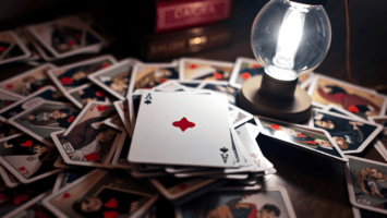 A lit bulb sits on a wooden table scattered with illustrated playing cards; in the center, the ace of spades is in focus. The cards feature unique character drawings, and a red box marked "CARDS" is visible in the background.