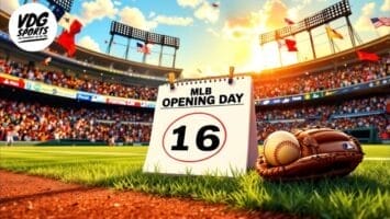 A calendar displaying “MLB Opening Day 16” sits on grass at a baseball stadium. Behind it are a glove and baseball. The stands are crowded with fans and flags, and sunlight streams across the lively scene. A VDG Sports logo appears in the top left corner.