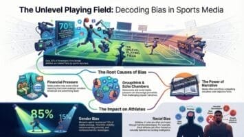 Infographic on why sports media is biased: A field split 70% men, 30% women. Sections cover causes like financial pressure and narrative power. Impacts shown include gender bias (85%), racial bias, harm to athletes’ self-image, with diverse athlete illustrations.