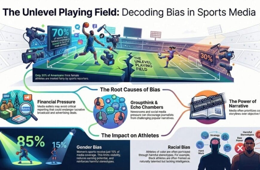 Infographic on why sports media is biased: A field split 70% men, 30% women. Sections cover causes like financial pressure and narrative power. Impacts shown include gender bias (85%), racial bias, harm to athletes’ self-image, with diverse athlete illustrations.