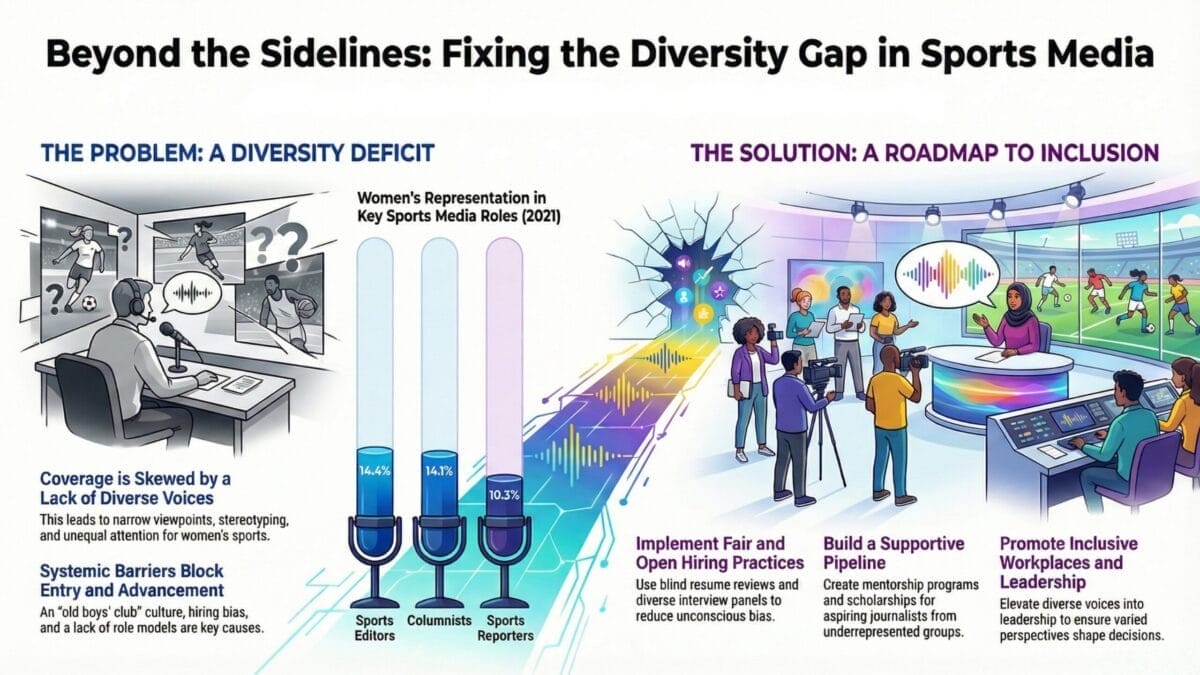 An infographic titled "Beyond the Sidelines: Fixing the Diversity Gap in Sports Media" shows illustrated people in sports media settings, highlighting the lack of diversity in sports media and suggesting steps for inclusion like fair hiring and supportive workplaces.