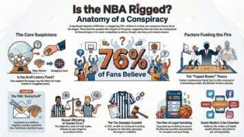Infographic titled “Is the NBA Rigged?” featuring cartoon graphics about NBA conspiracy theories. Highlights a bold “76% of Fans Believe” statistic, with sections on lottery fixing, biased officiating, gambling scandals, and social media influence.